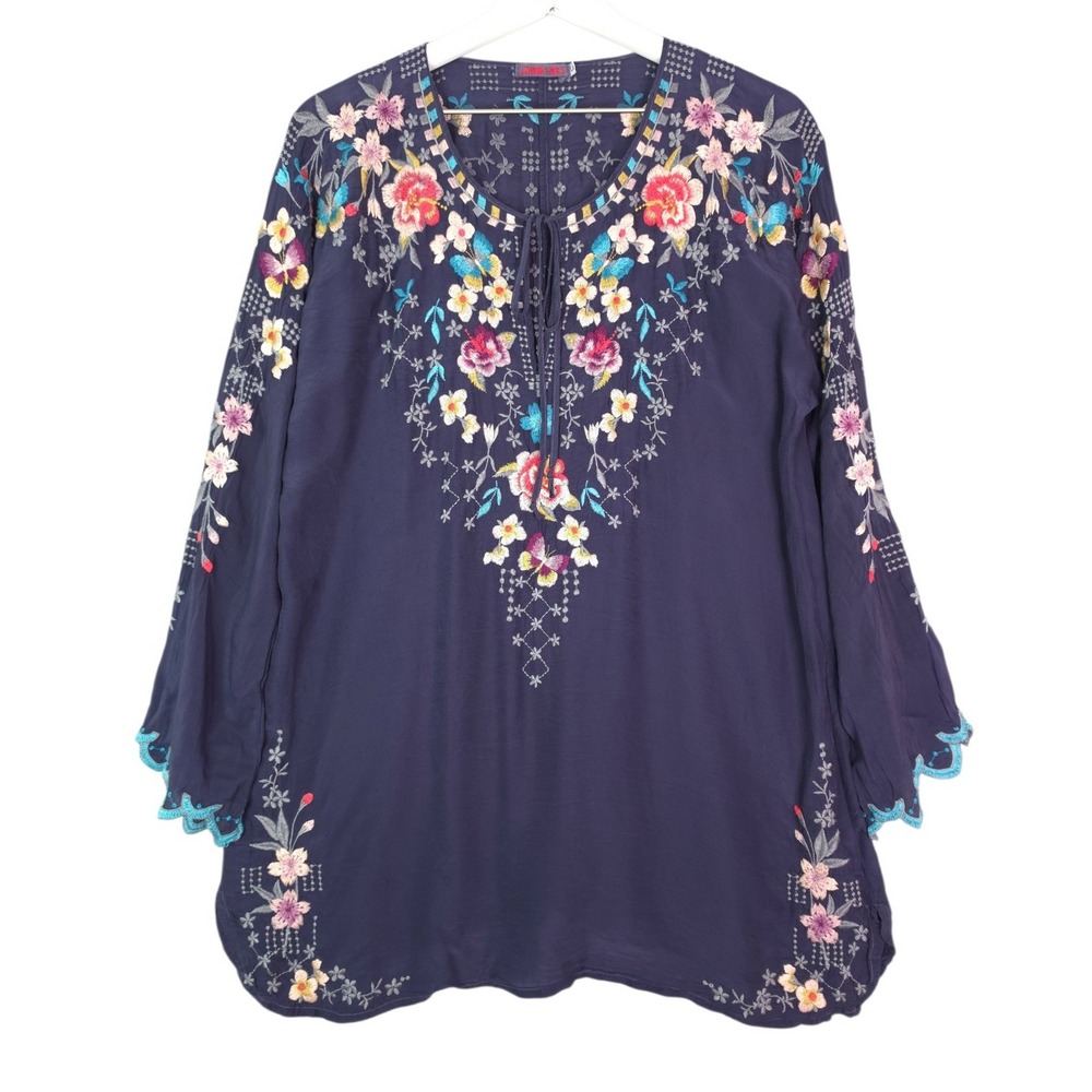 Johnny Was Butterfly Winter Blouse Women Large Embroidered Floral Gravel Blue - Picture 3 of 9